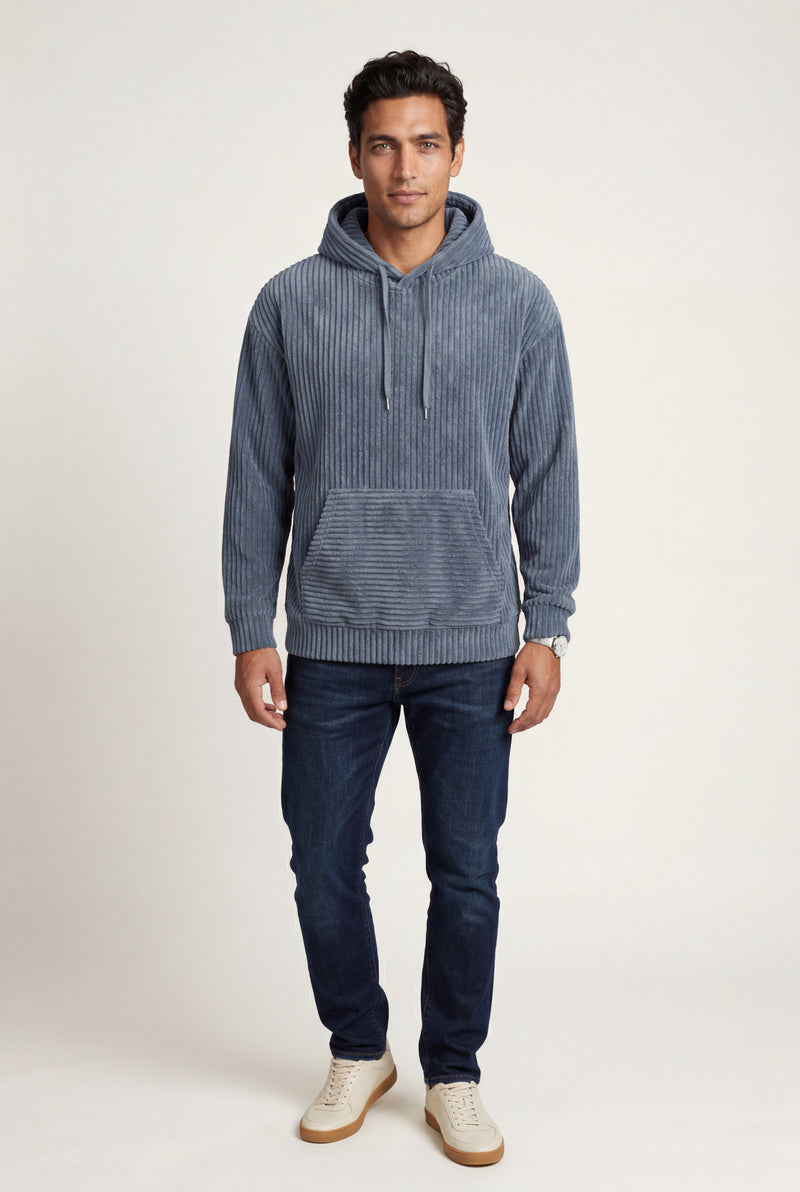 Blue Texture Hooded Pullover Jacket with Kangaroo Pocket - Hooded jackets - Photo 2