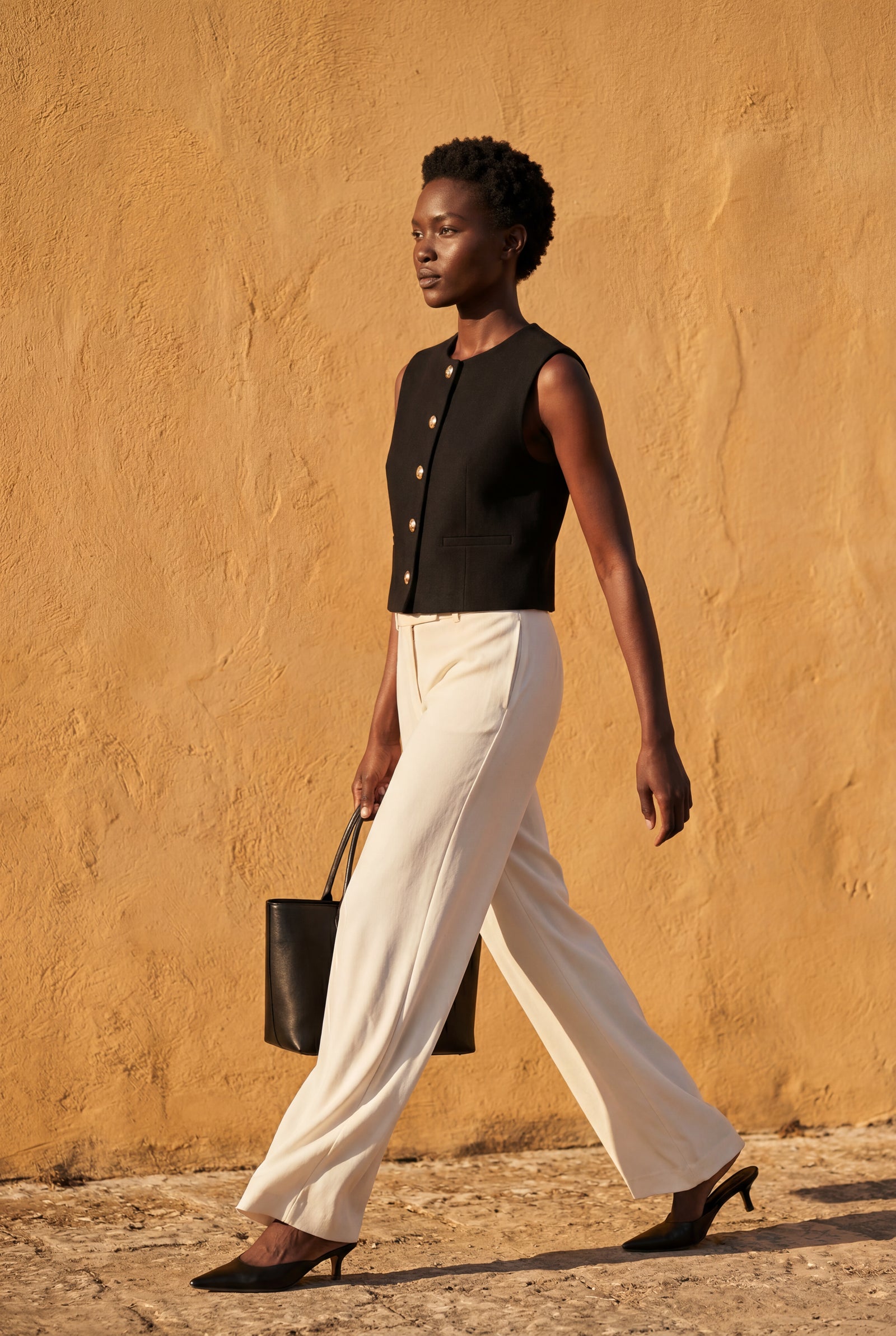 Black Textured Button-front Gilet Vest with Crew Neckline - Photo 10