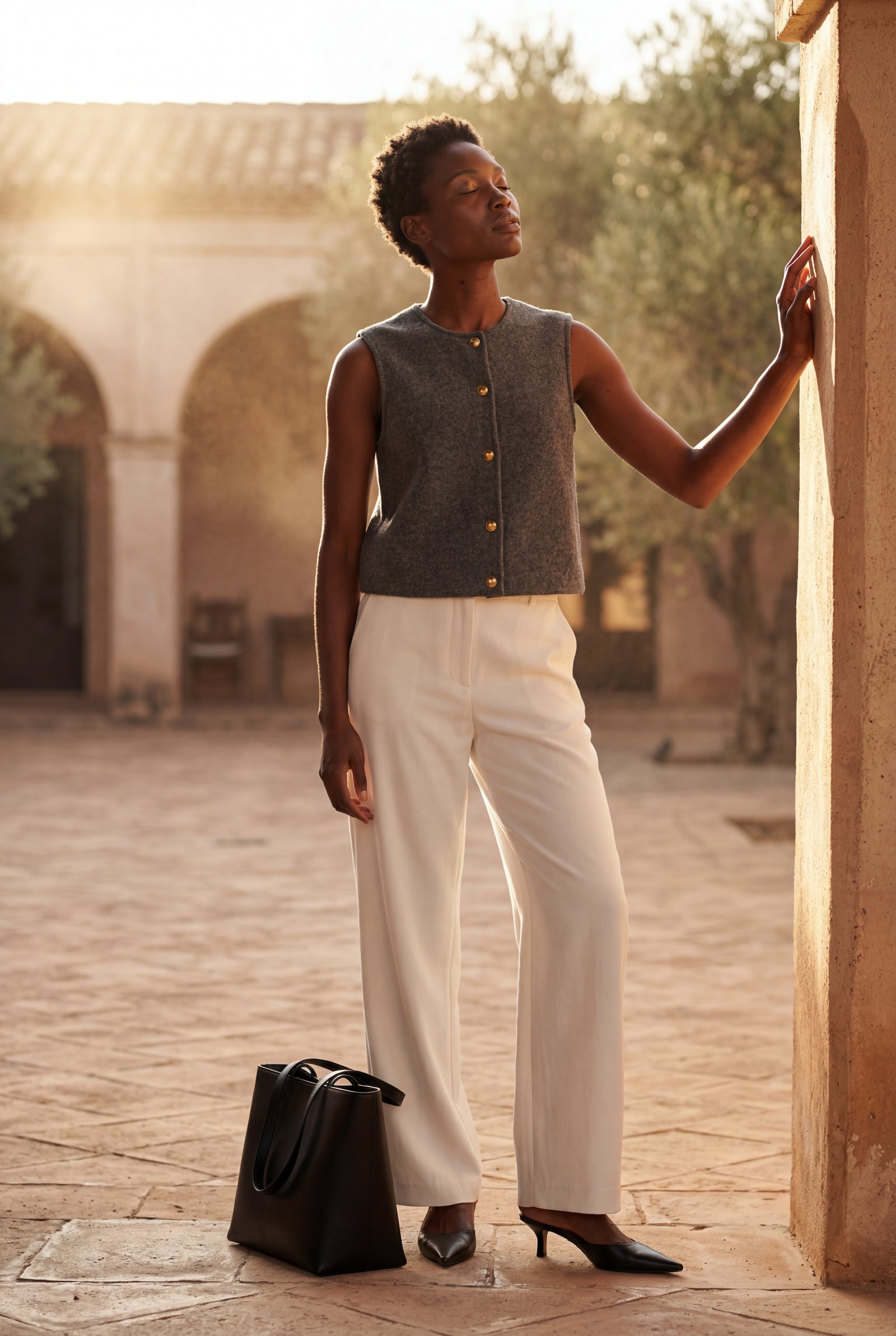 Black Textured Button-front Gilet Vest with Crew Neckline - Photo 12