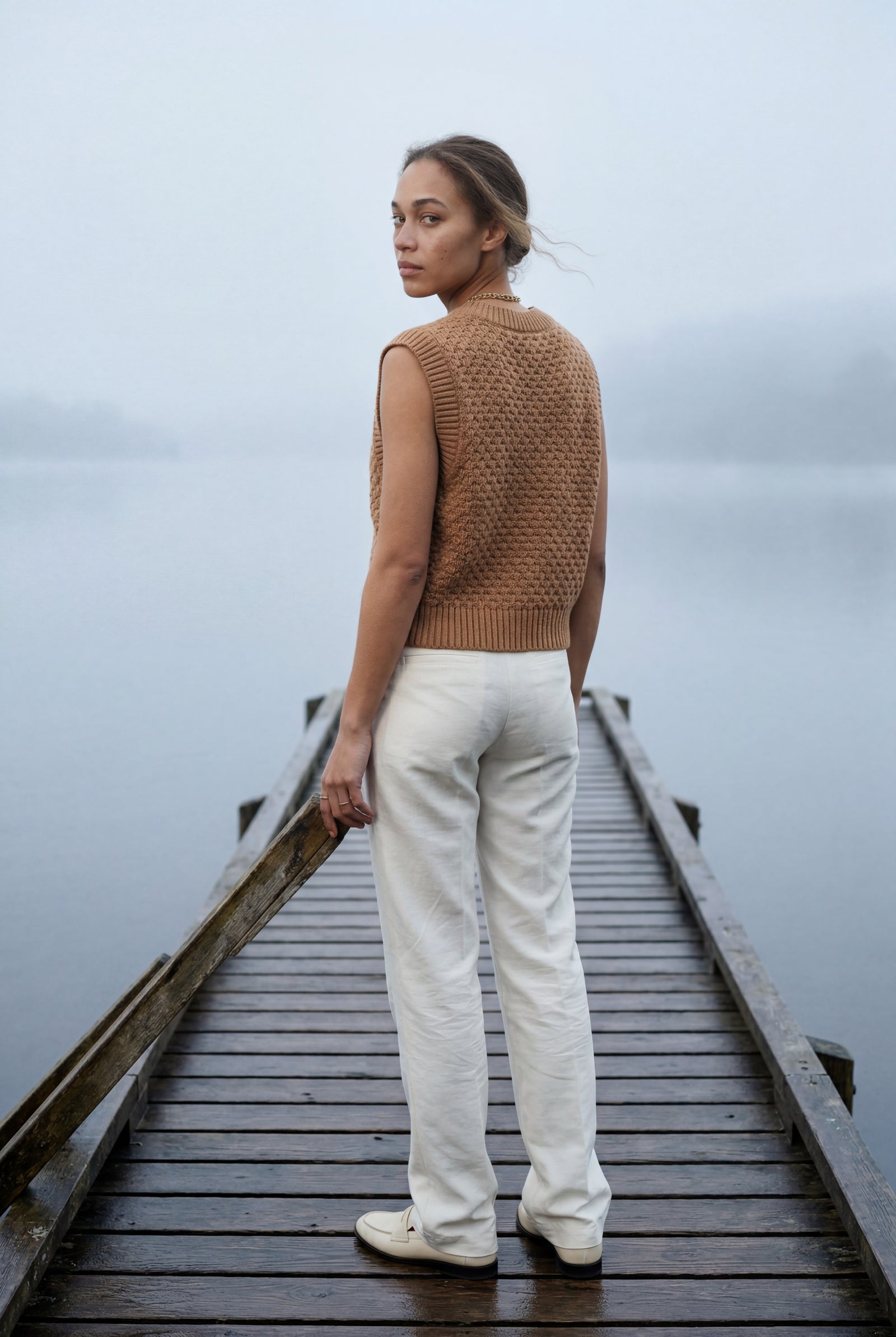 Light Brown Textured Button-front Gilet Vest with Crew Neckline - Photo 13