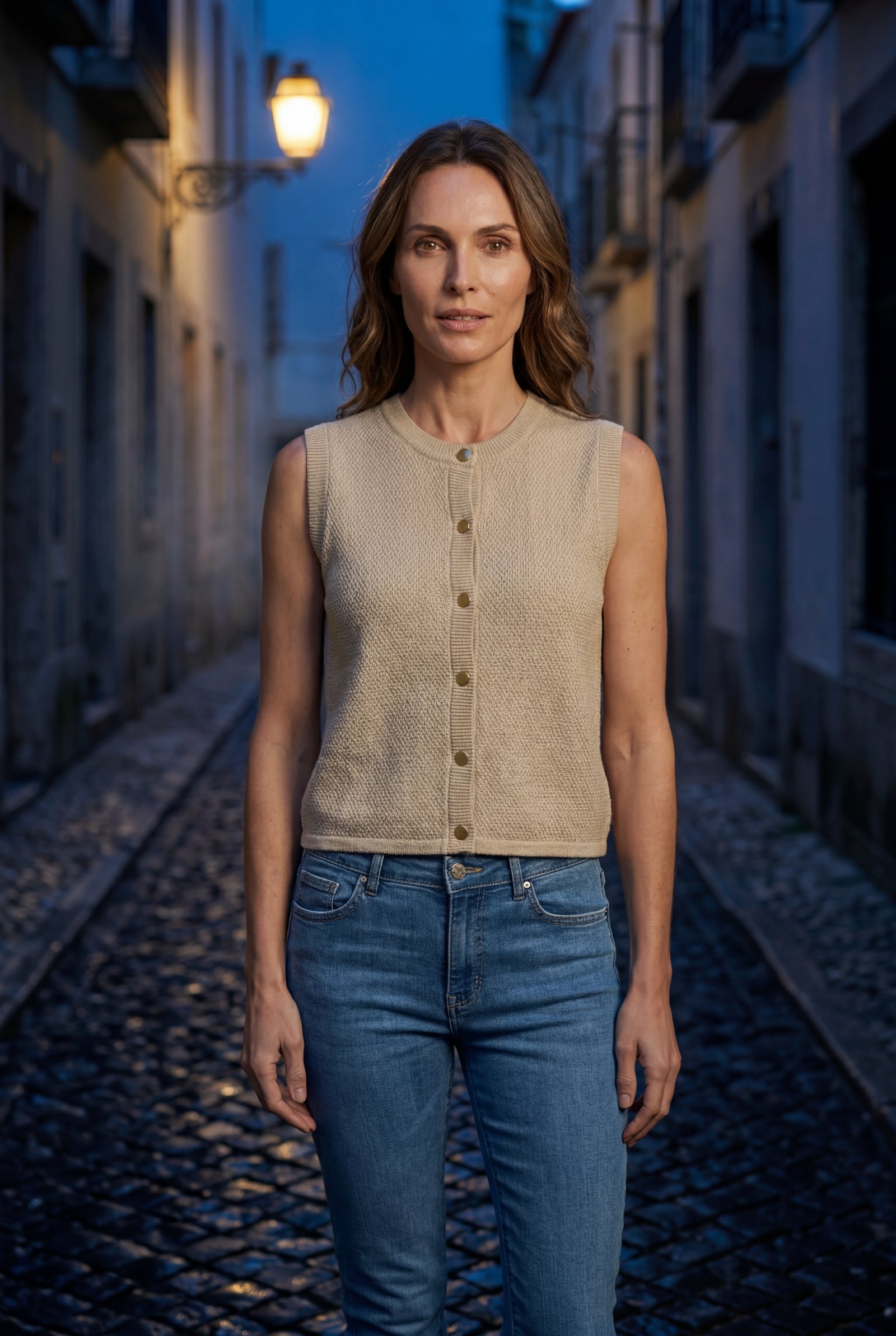 Beige Textured Button-front Gilet Vest with Crew Neckline - Photo 4