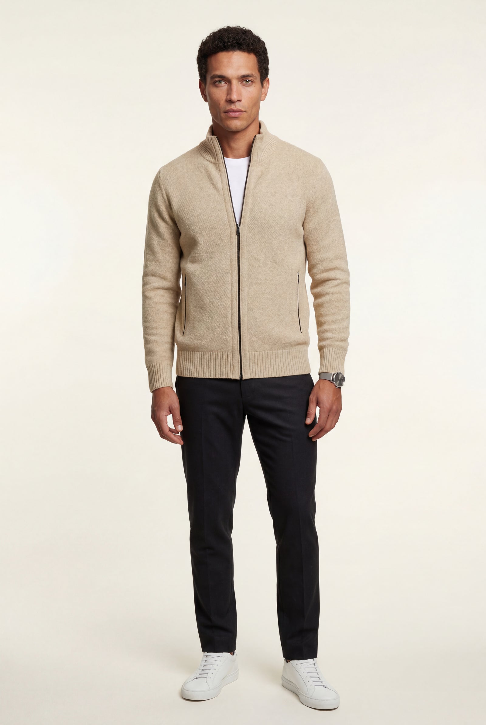 Beige Textured Zip-up Sweater Jacket with Stand Collar - Zip up vest - Photo 4