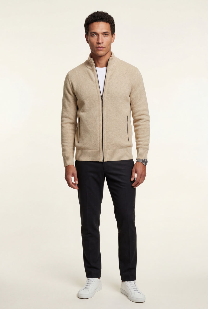 Beige Textured Zip-up Sweater Jacket with Stand Collar - Zip up vest - Photo 4
