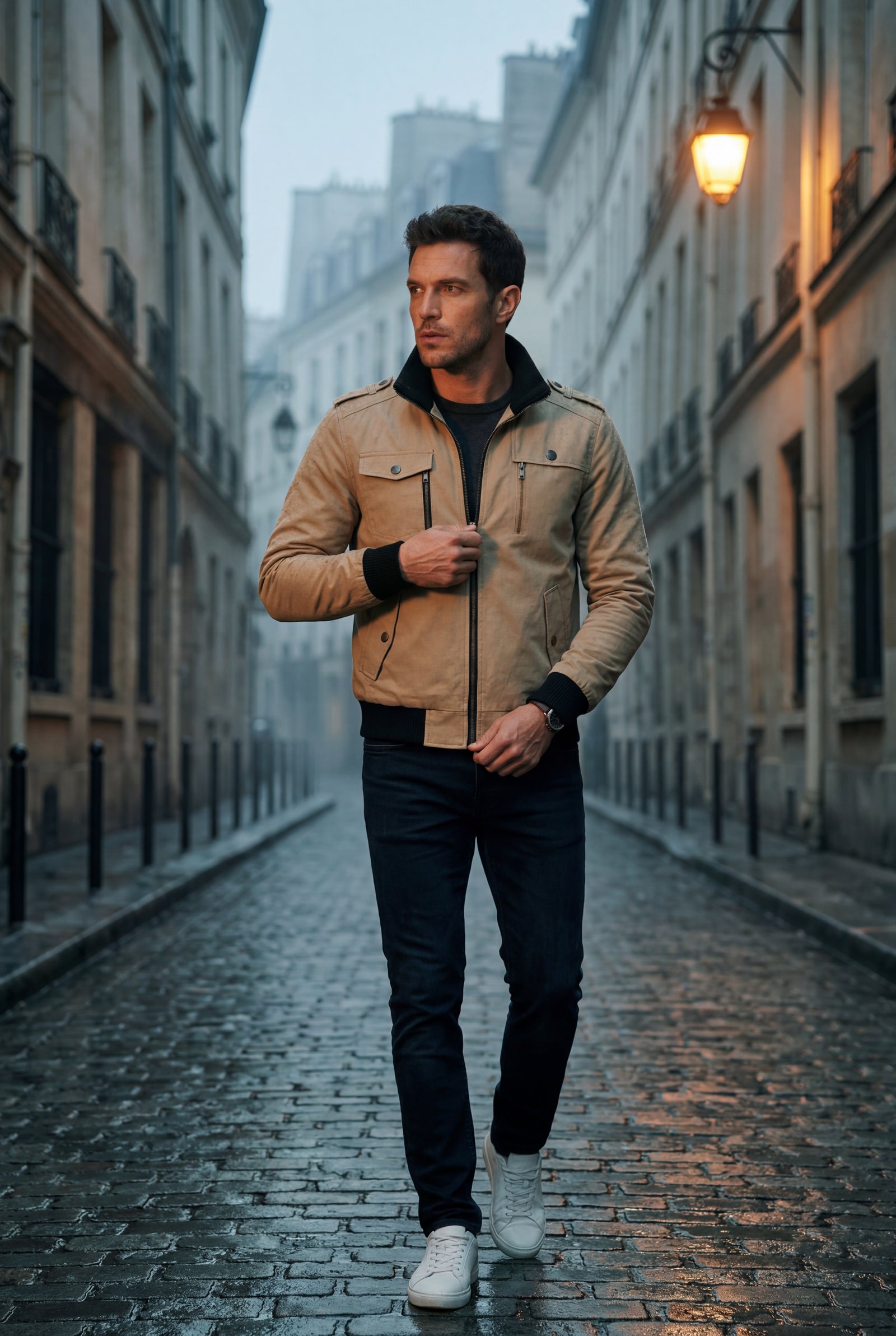 Beige Utility Zip Pocket Bomber Jacket with Epaulettes - Photo 12