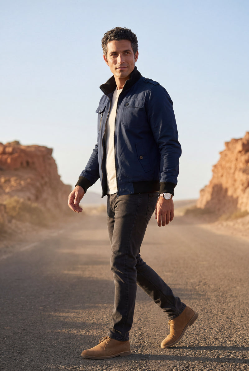 Navy Blue Utility Zip Pocket Bomber Jacket with Epaulettes - Photo 4