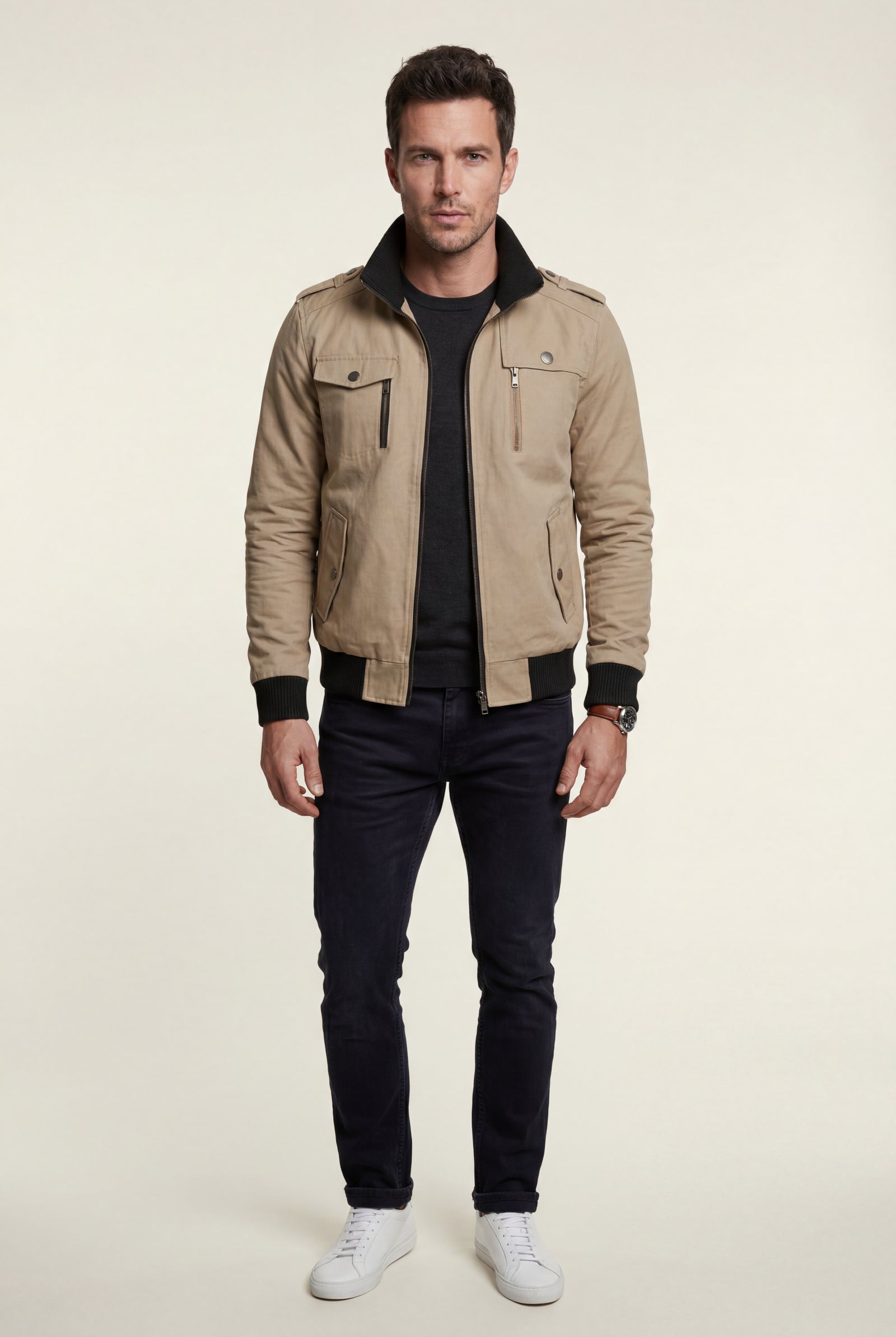 Beige Utility Zip Pocket Bomber Jacket with Epaulettes - Photo 9