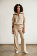 Beige Wide-leg Zip Collar Lounge Set with Relaxed Pullover - Two piece set - Photo 1