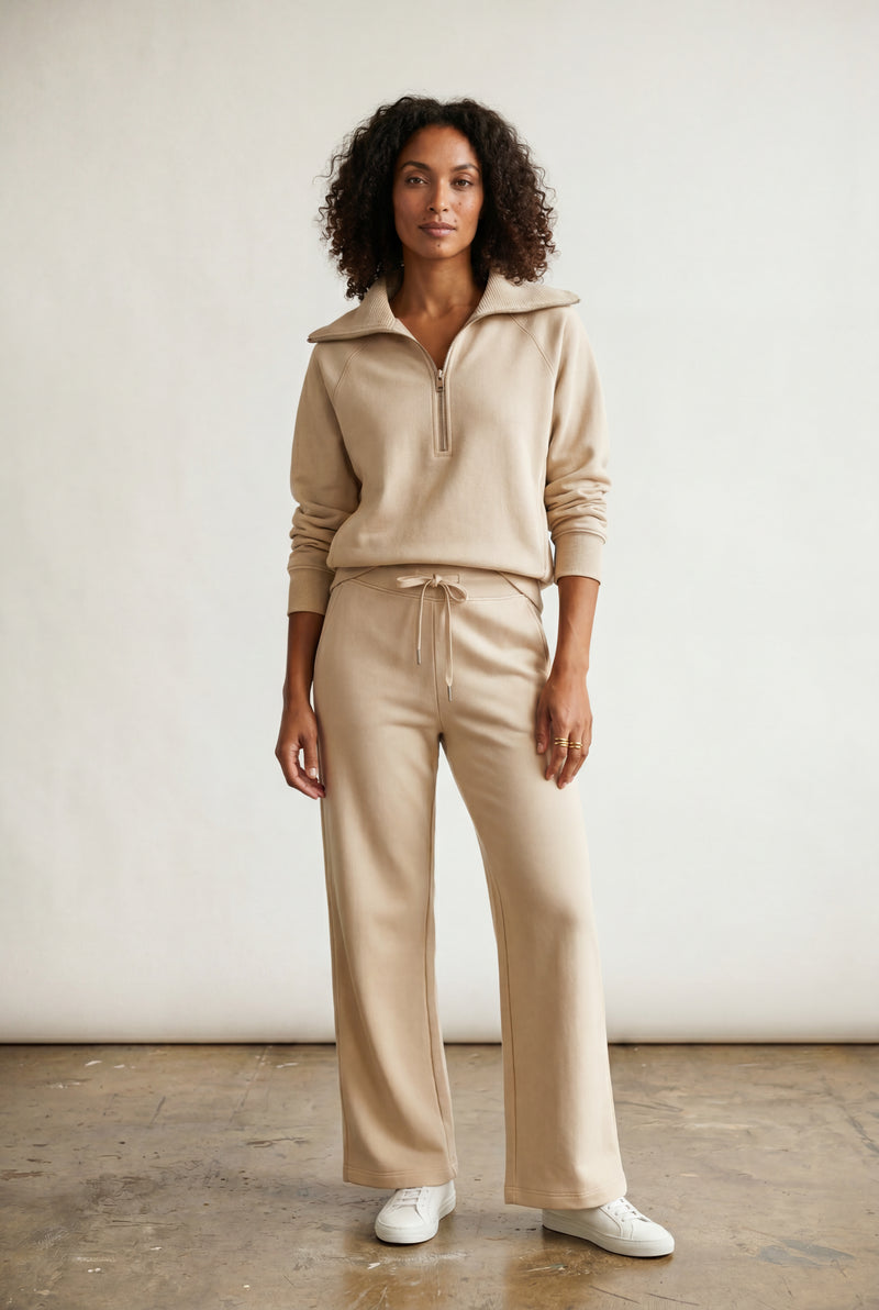 Beige Wide-leg Zip Collar Lounge Set with Relaxed Pullover - Two piece set - Photo 1