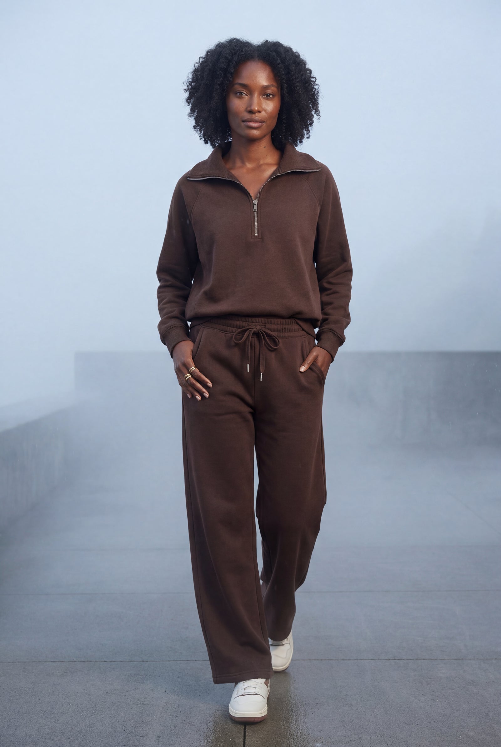Brown Wide-leg Zip Collar Lounge Set with Relaxed Pullover - Two piece set - Photo 10