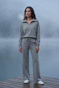 Gray Wide-leg Zip Collar Lounge Set with Relaxed Pullover - Two piece set - Photo 11