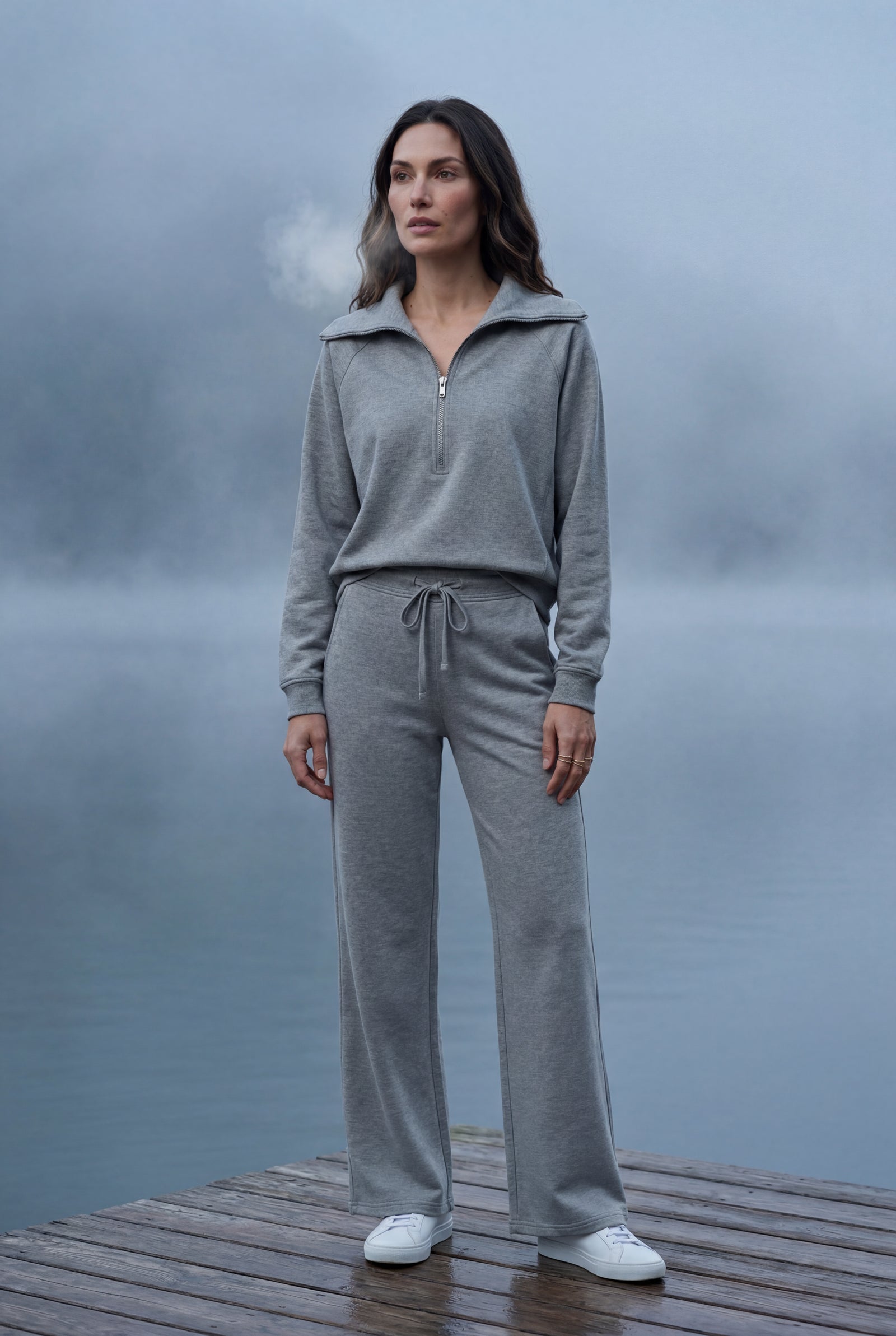 Gray Wide-leg Zip Collar Lounge Set with Relaxed Pullover - Two piece set - Photo 11