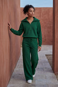 Dark Green Wide-leg Zip Collar Lounge Set with Relaxed Pullover - Two piece set - Photo 13