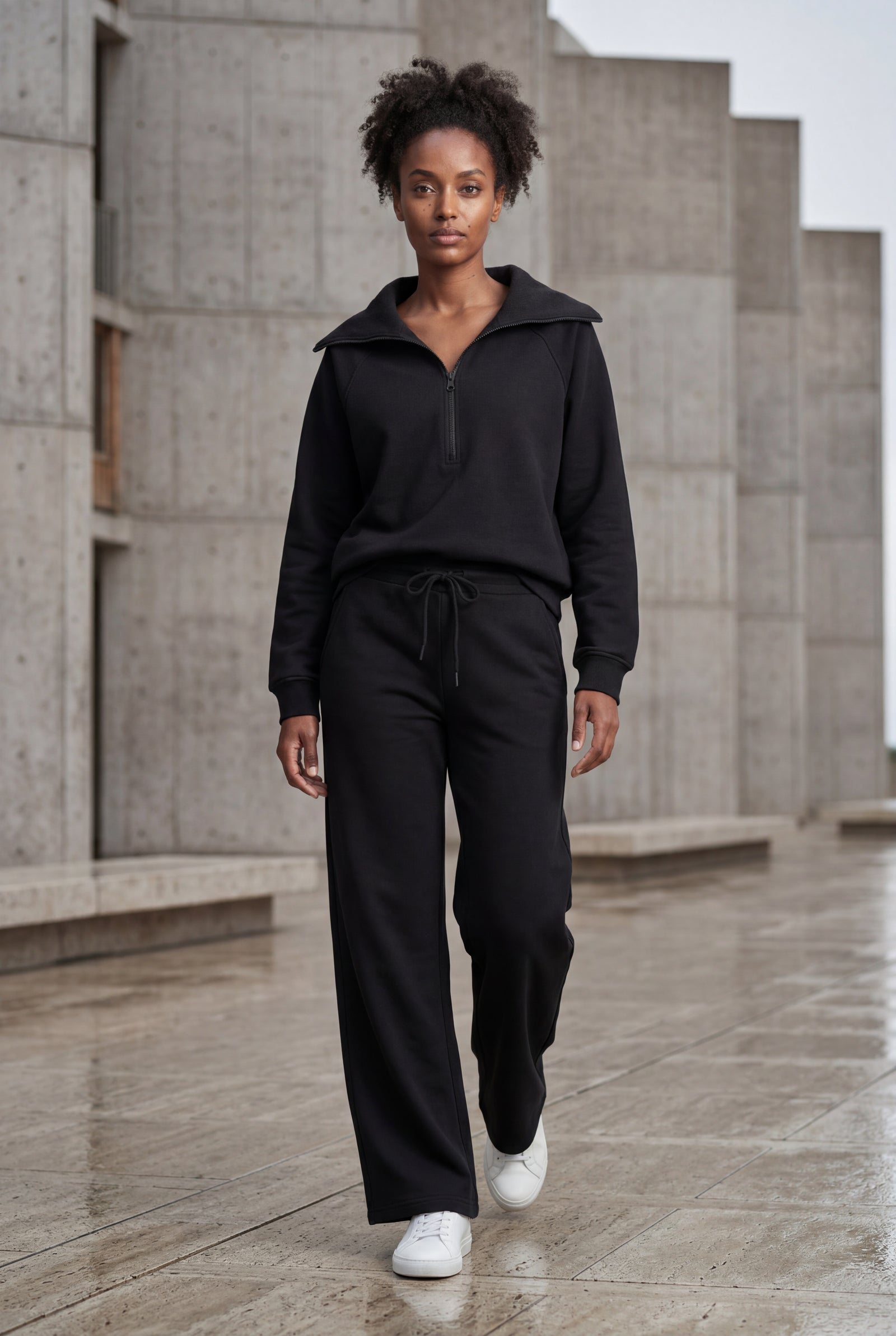 Black Wide-leg Zip Collar Lounge Set with Relaxed Pullover - Two piece set - Photo 14