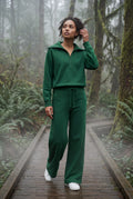 Dark Green Wide-leg Zip Collar Lounge Set with Relaxed Pullover - Two piece set - Photo 16