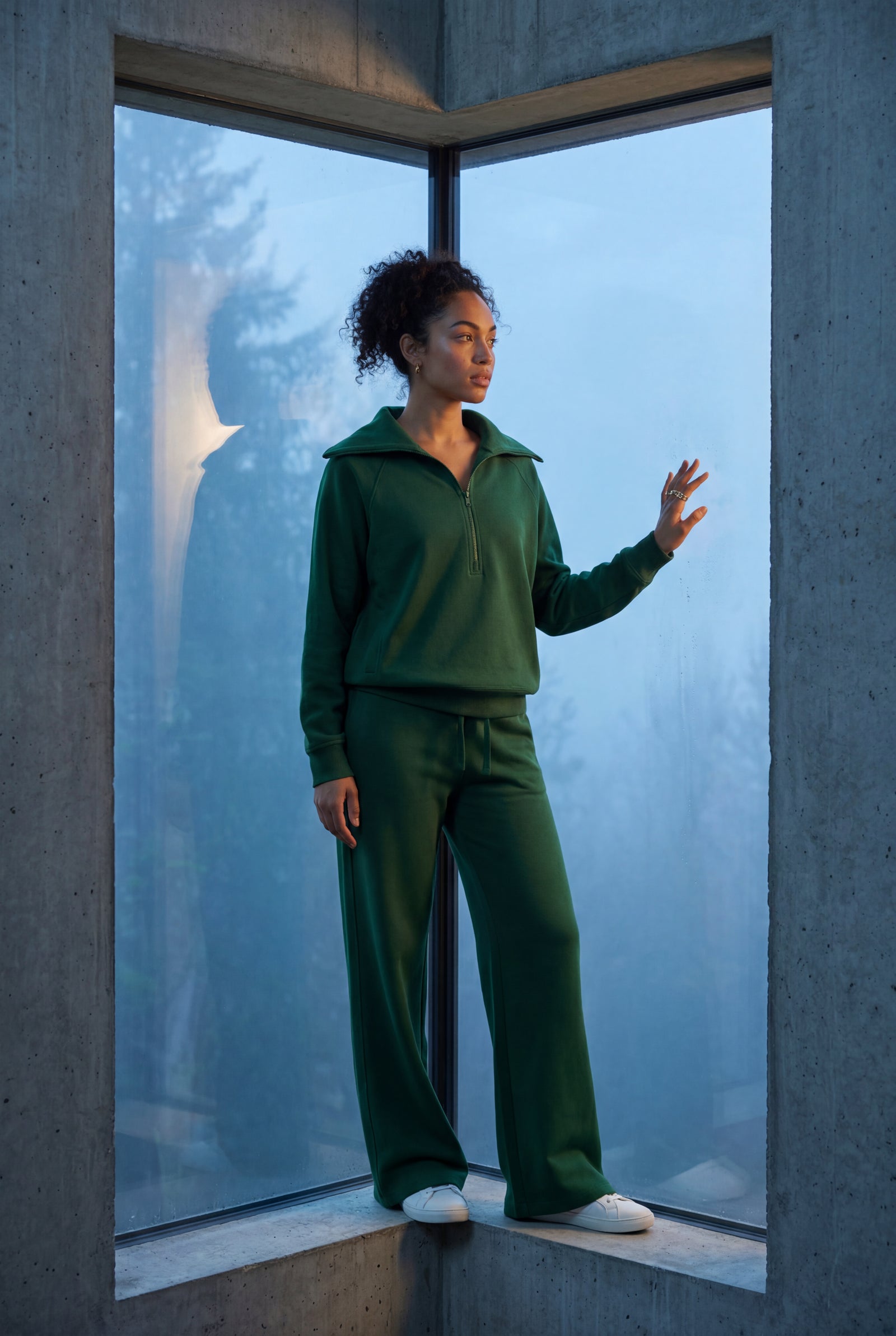 Dark Green Wide-leg Zip Collar Lounge Set with Relaxed Pullover - Two piece set - Photo 18