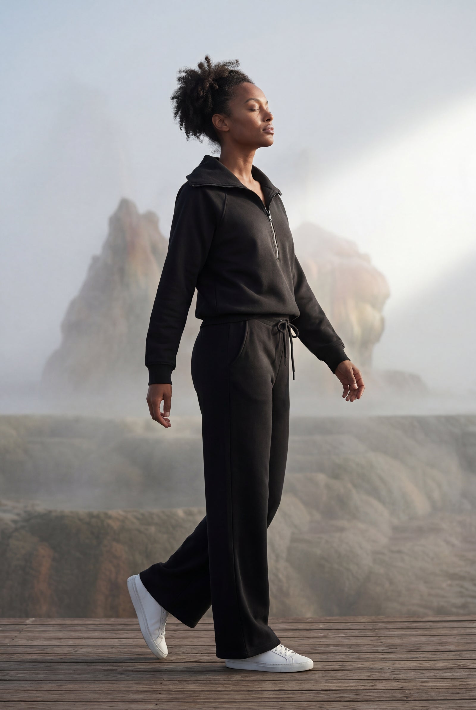 Black Wide-leg Zip Collar Lounge Set with Relaxed Pullover - Two piece set - Photo 19