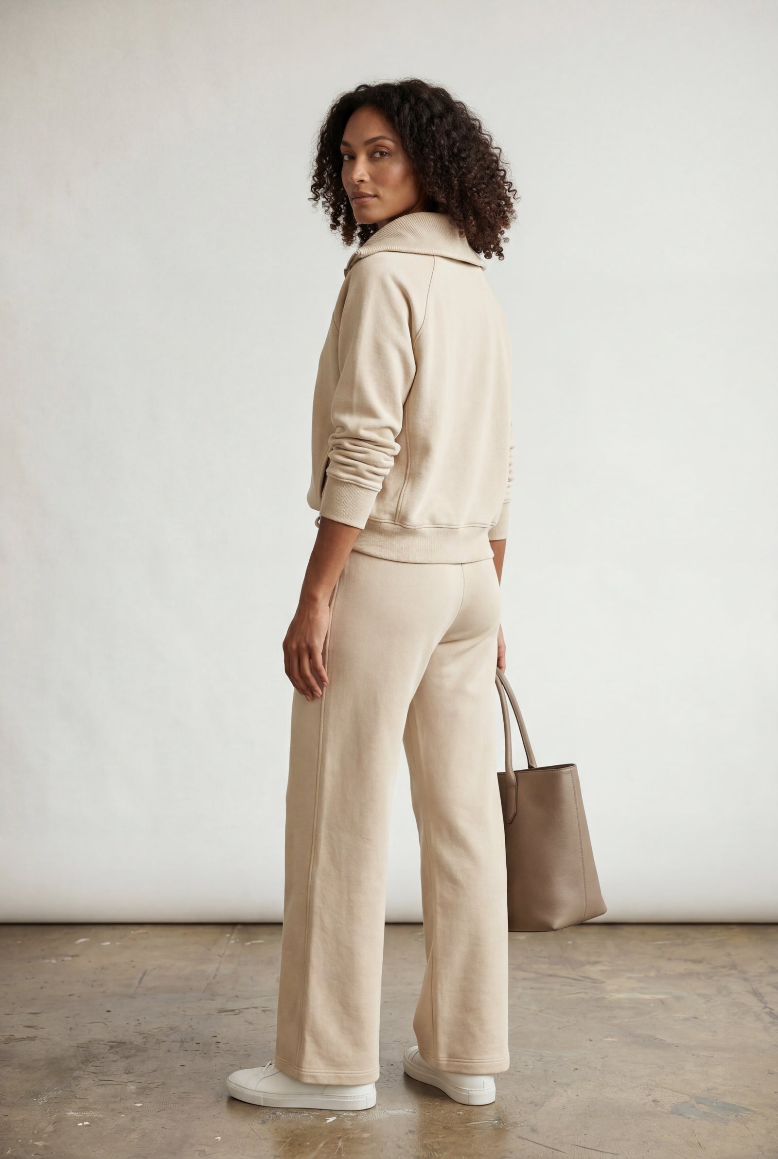 Beige Wide-leg Zip Collar Lounge Set with Relaxed Pullover - Two piece set - Photo 3