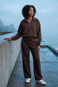 Brown Wide-leg Zip Collar Lounge Set with Relaxed Pullover - Two piece set - Photo 6