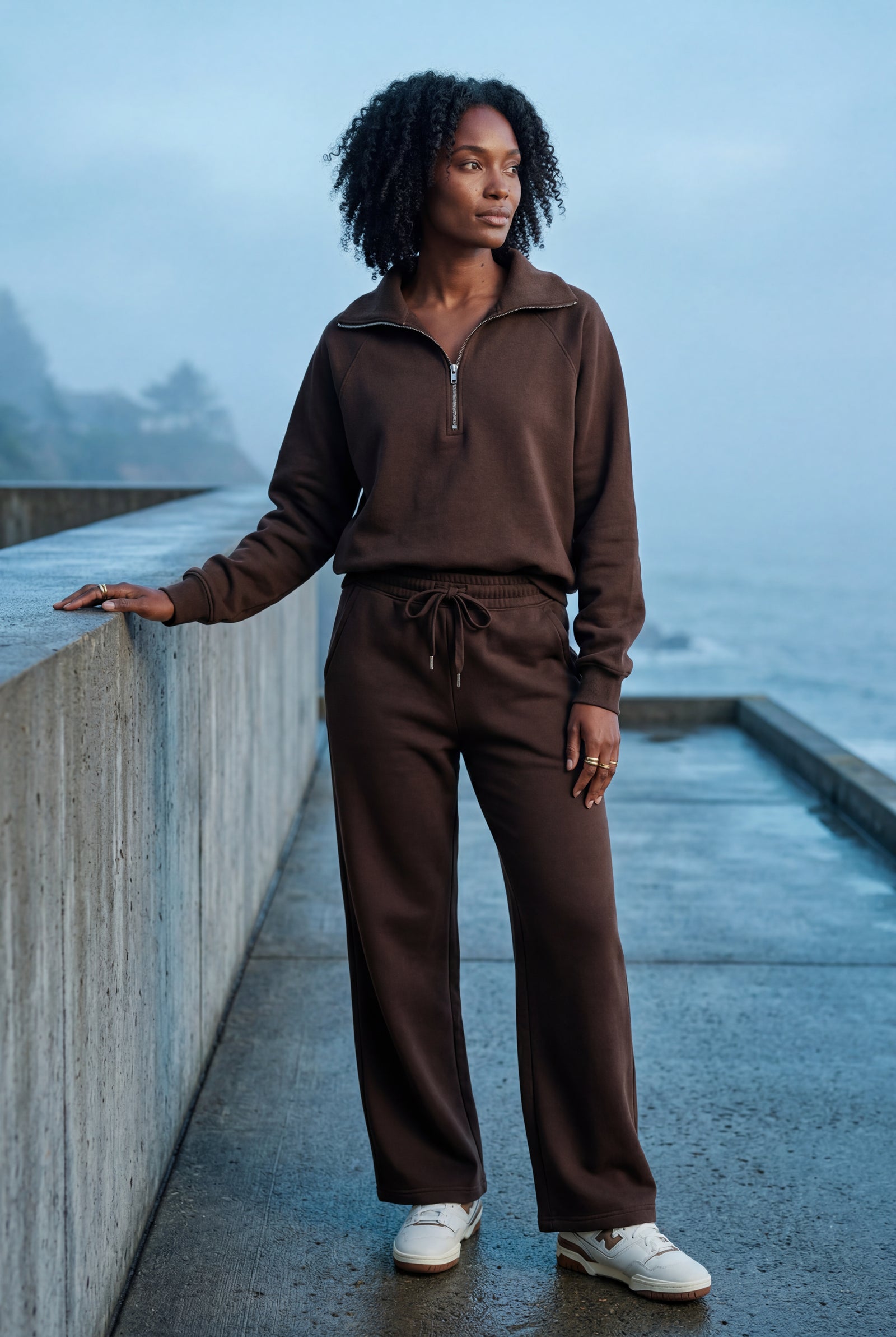 Brown Wide-leg Zip Collar Lounge Set with Relaxed Pullover - Two piece set - Photo 6