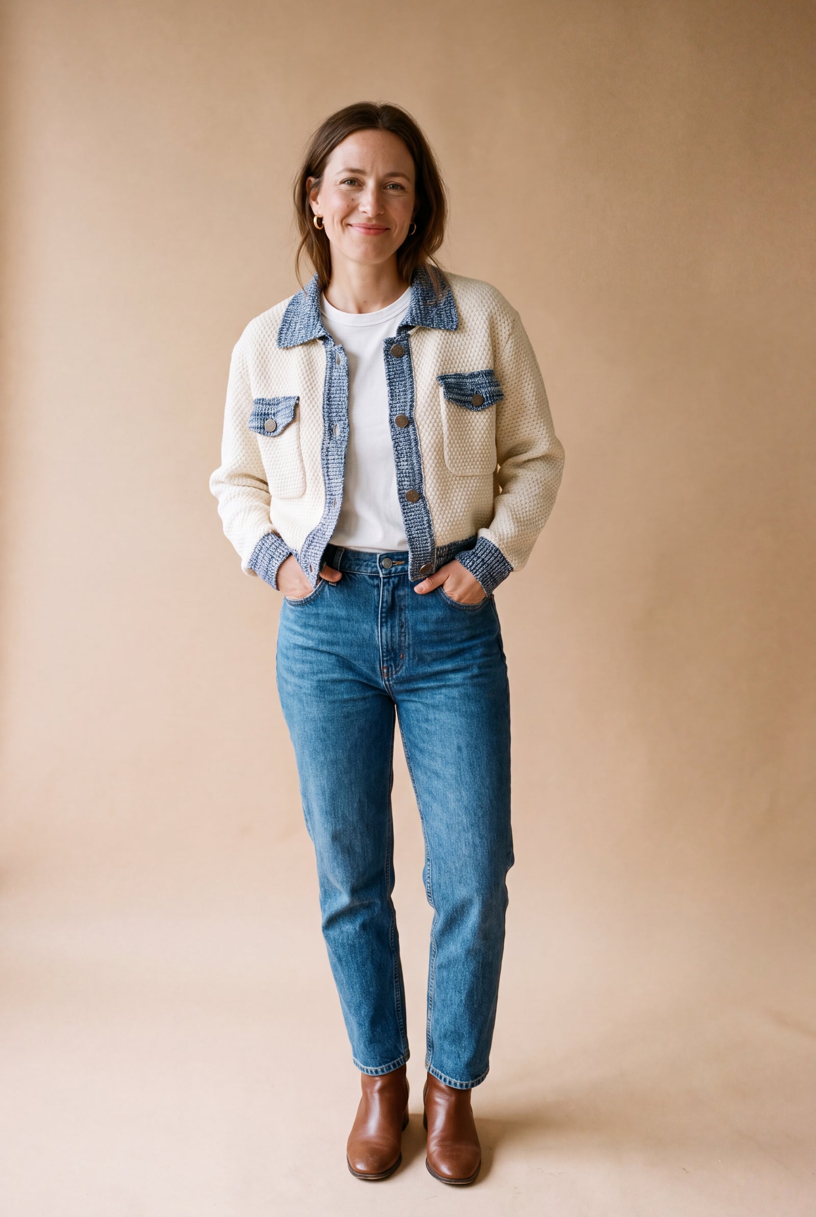 Women's Cardigan Short Length in Beige — primary studio