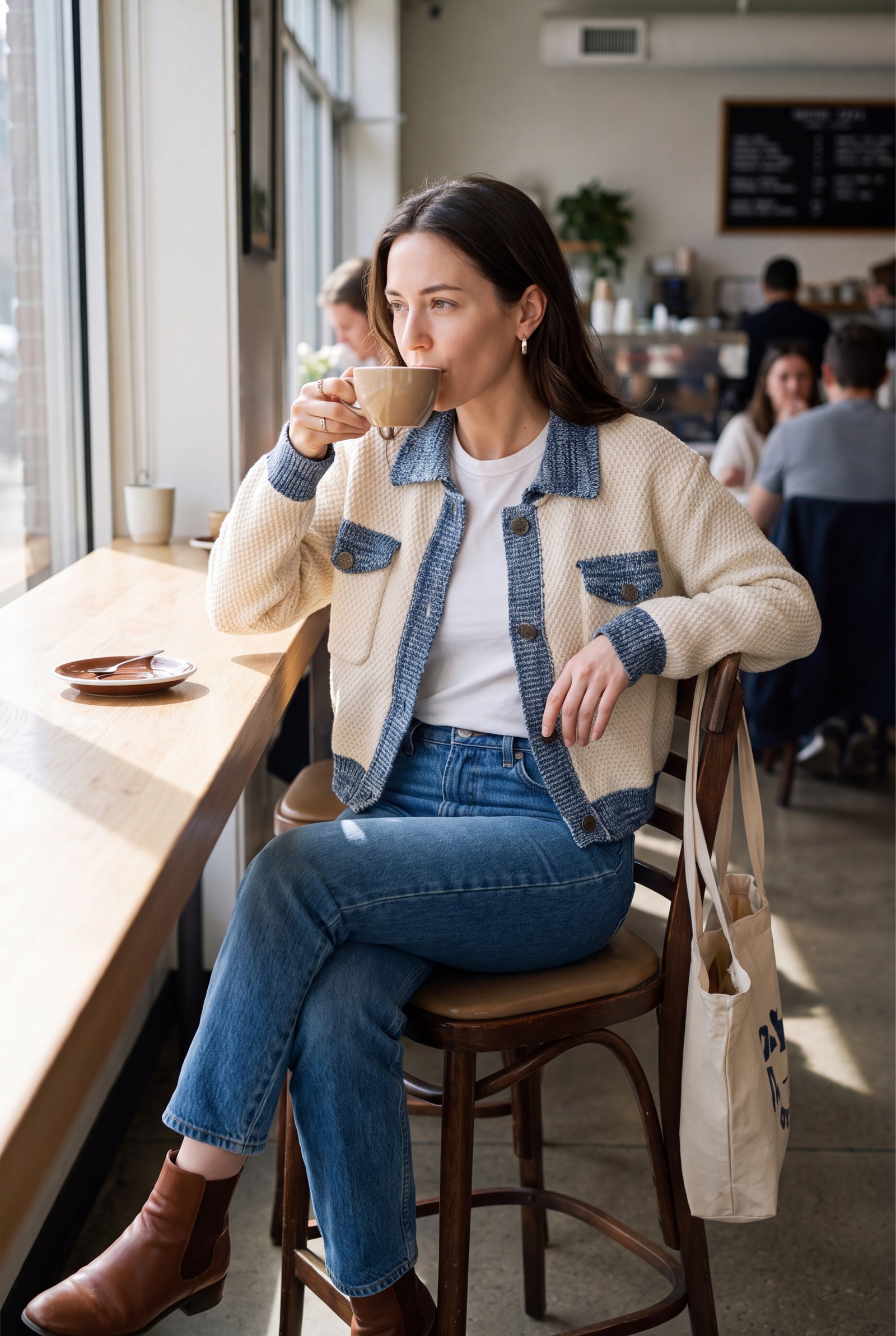Women's Cardigan Short Length in Beige — secondary lifestyle 2