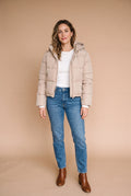 Women's Hooded Puffer Jacket Zipper in Beige — studio front
