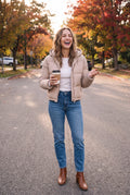 Women's Hooded Puffer Jacket Zipper in Beige — urban candid