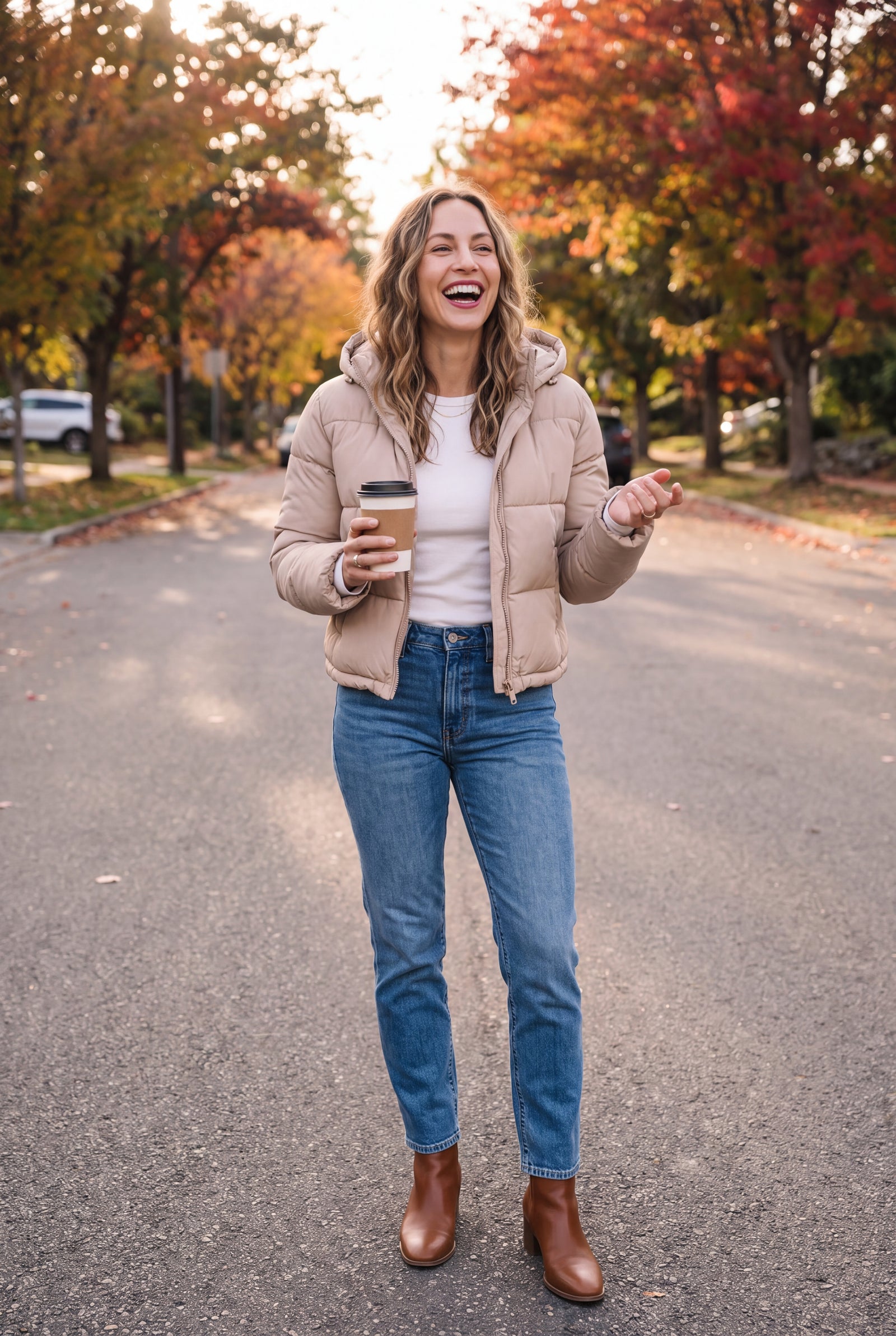 Women's Hooded Puffer Jacket Zipper in Beige — urban candid