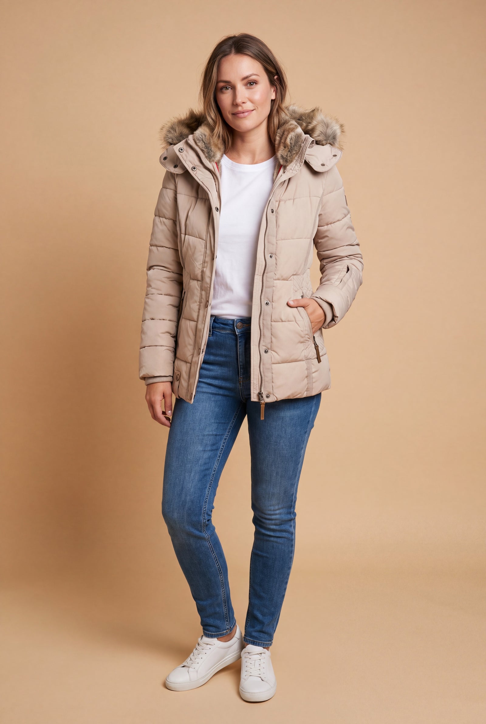 Women's Jacket Faux Fur Collar in Beige — studio
