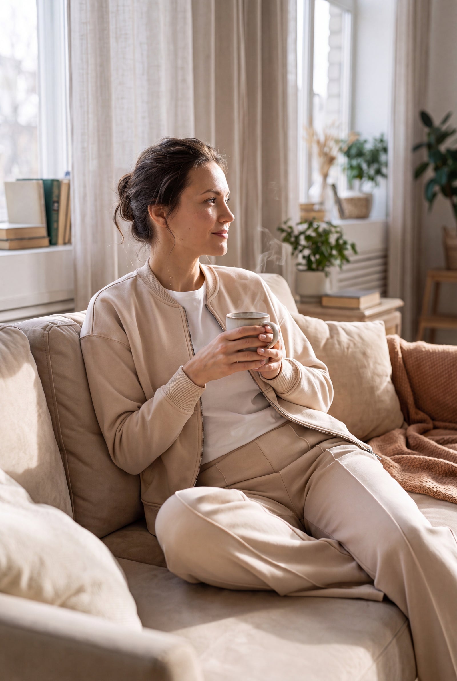 Women's Lounge Set Zip Top in Beige — lifestyle home interior