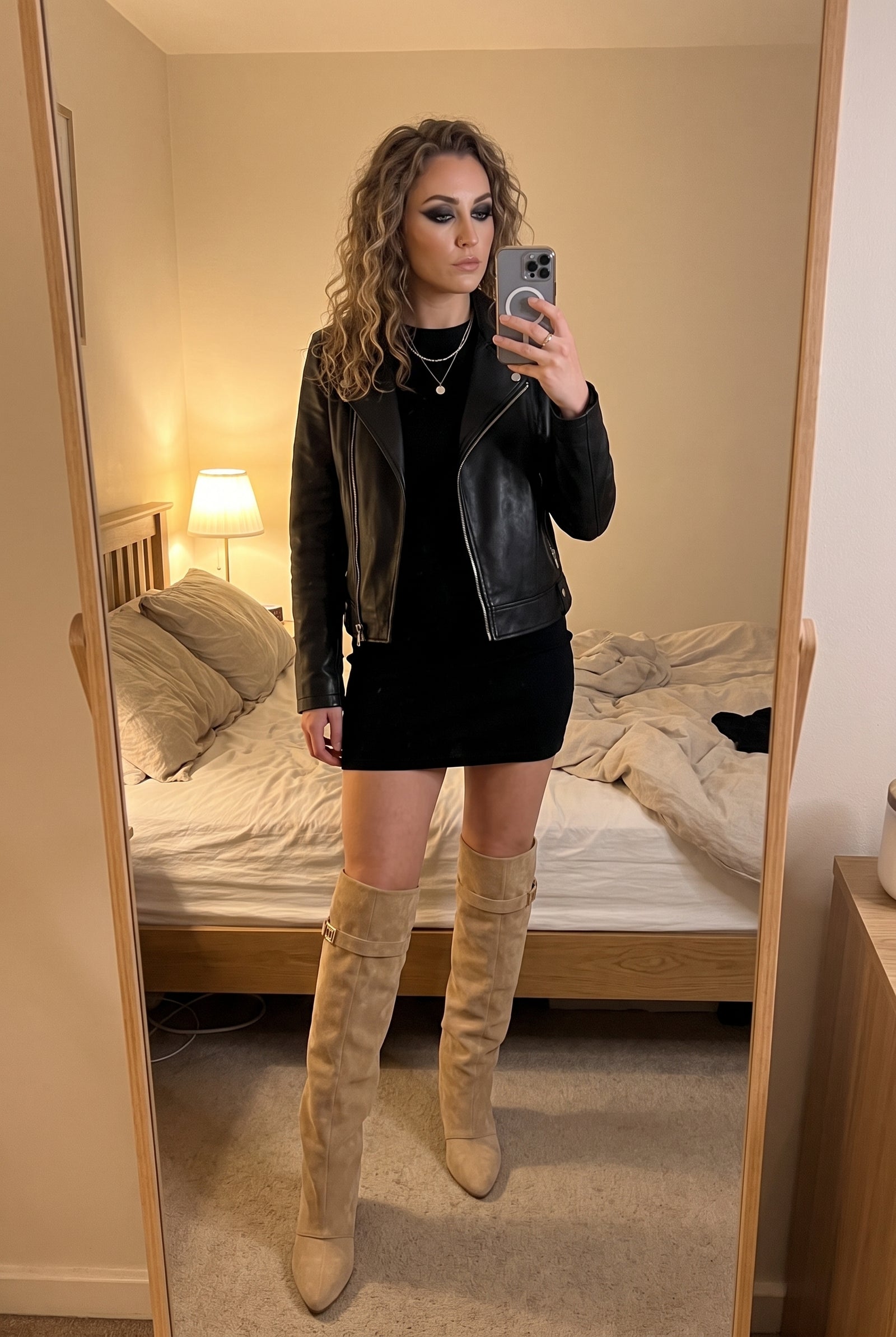 Women's Over-the-Knee Boots Draped in Beige — ugc mirror selfie