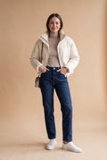 Women's Puffer Jacket High Collar Cropped in Beige — studio front