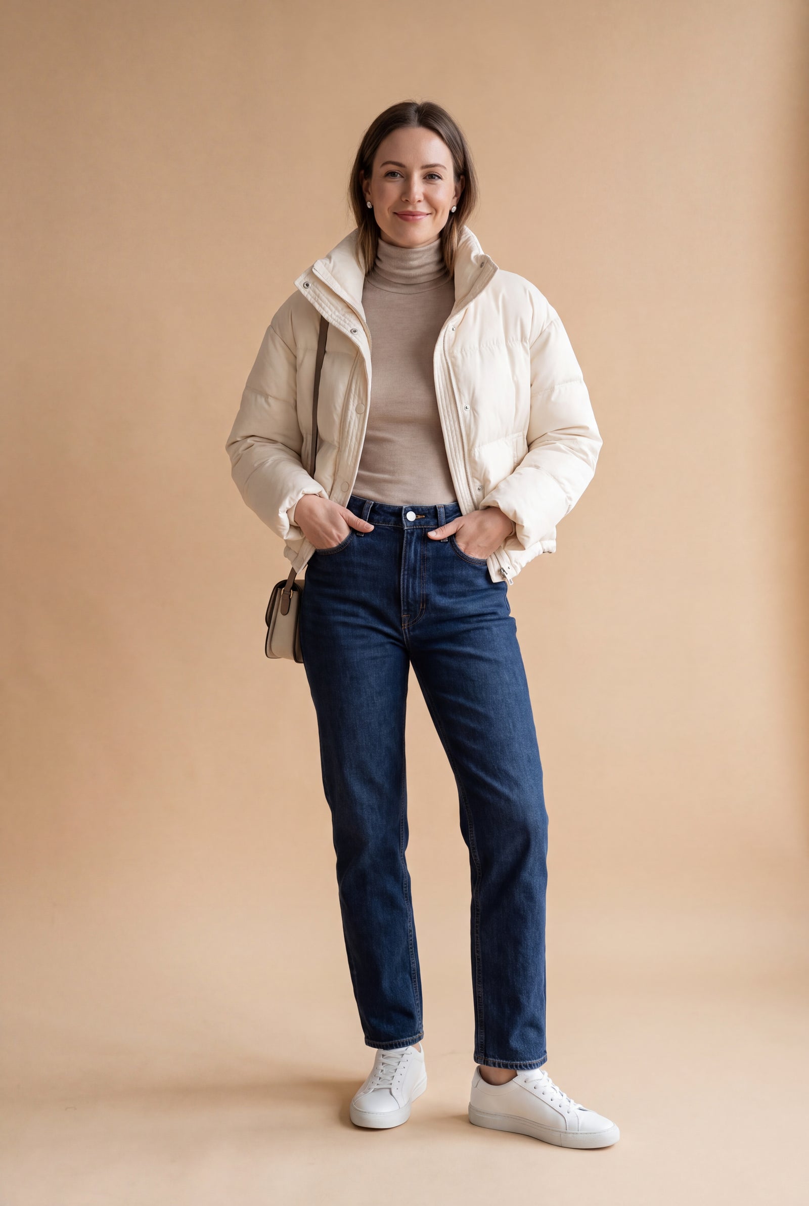 Women's Puffer Jacket High Collar Cropped in Beige — studio front