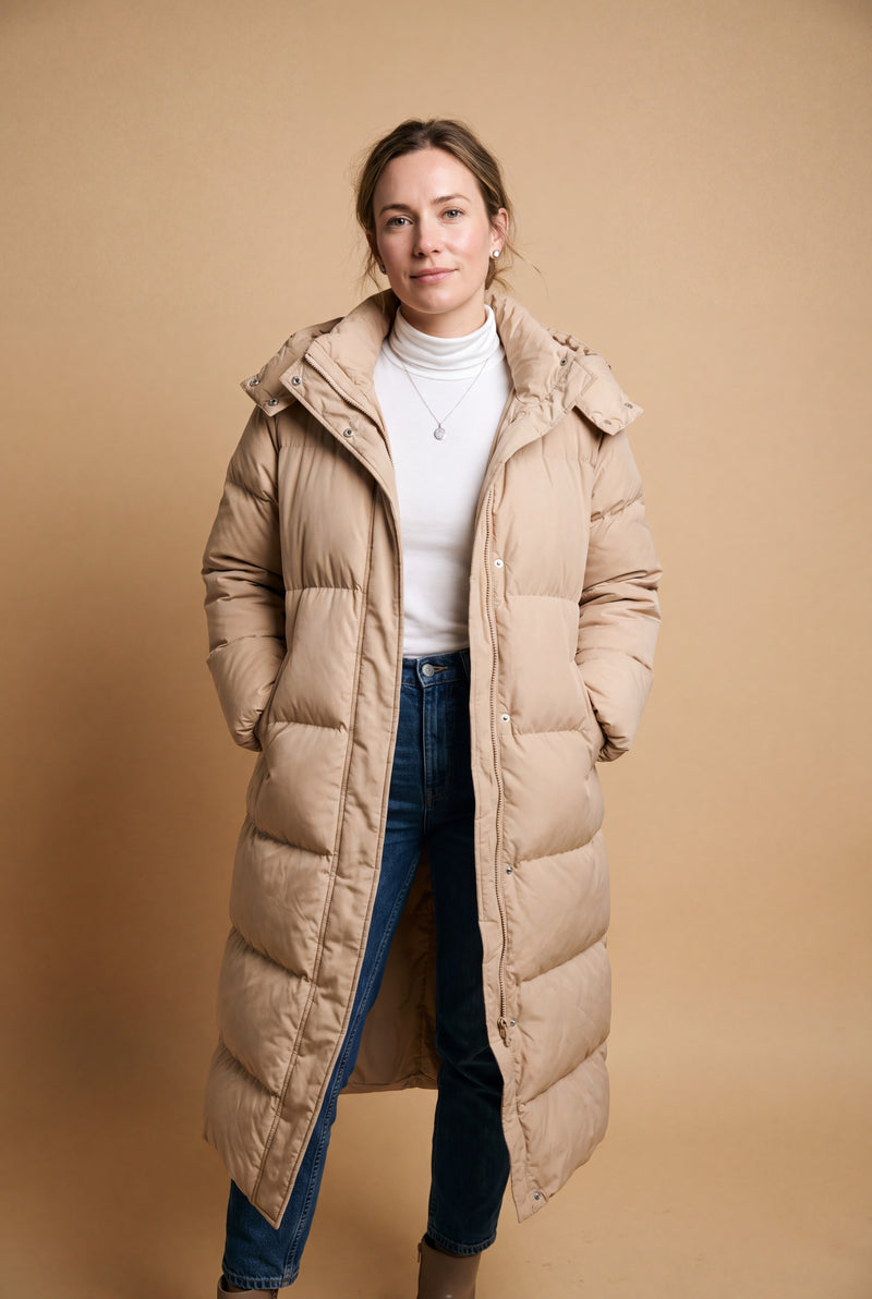 Women's Puffer Jacket Hooded in Beige — primary studio