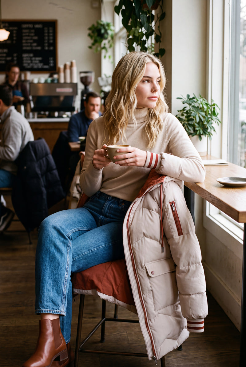 Women's Puffer Jacket Long Contrasting Details in Beige — cafe break