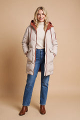 Women's Puffer Jacket Long Contrasting Details in Beige — studio front