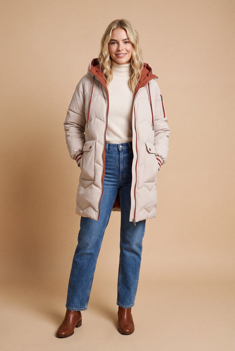 Women's Puffer Jacket Long Contrasting Details in Beige — studio front