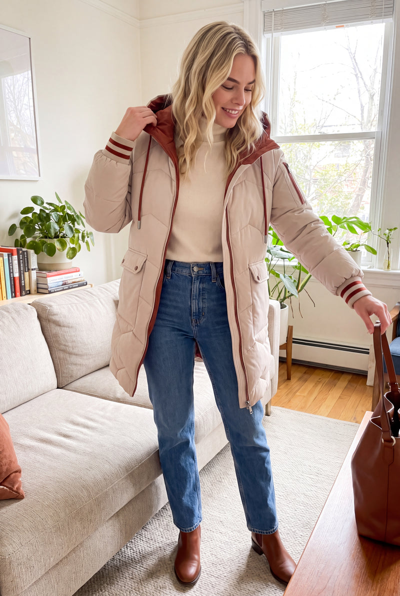Women's Puffer Jacket Long Contrasting Details in Beige — ugc home