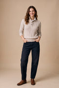 Women's Pullover Cable Knit Stand Collar in Beige — studio front