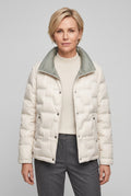 Women's Quilted Puffer Jacket with Stand Collar in Beige — studio front