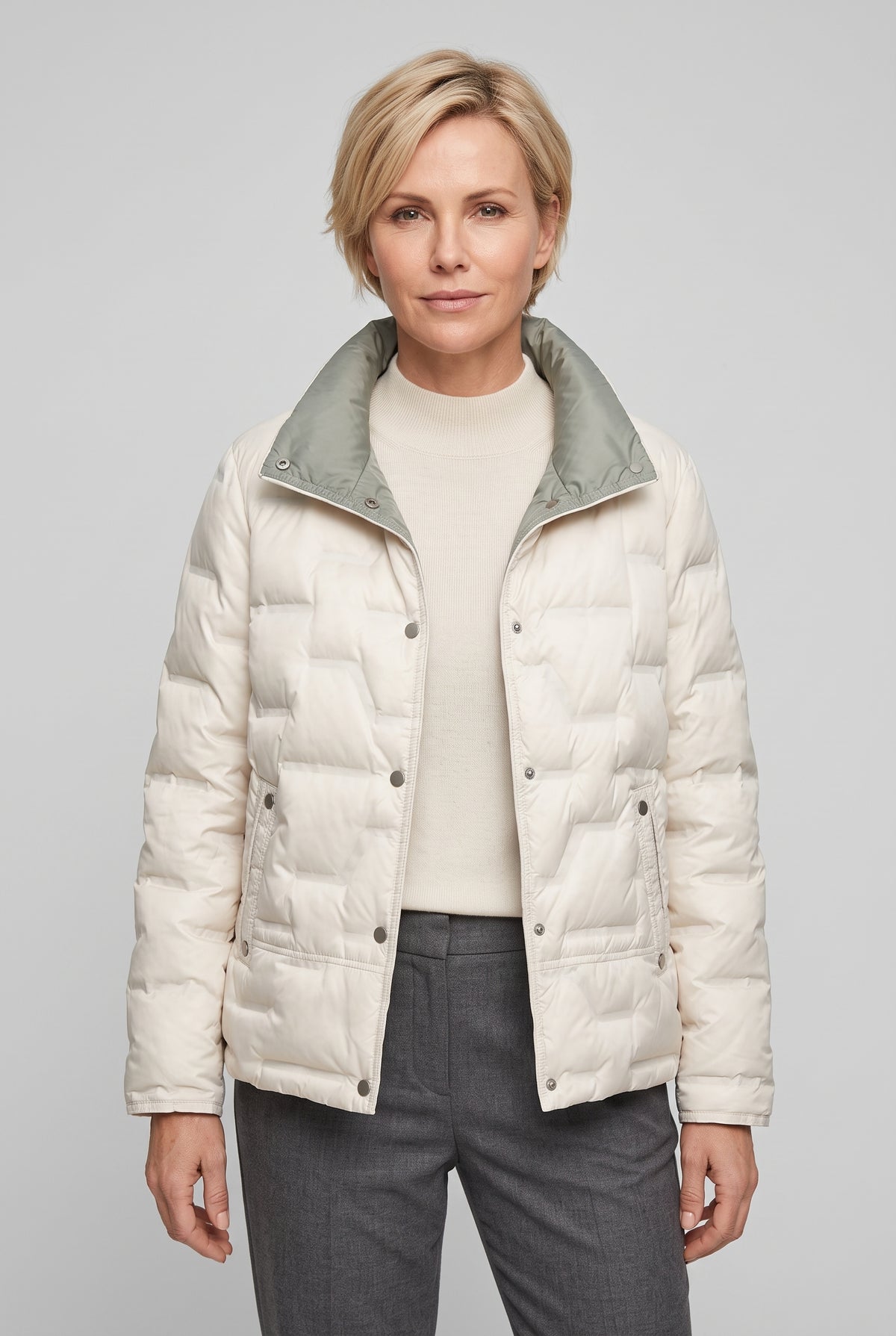 Women's Quilted Puffer Jacket with Stand Collar in Beige — studio front