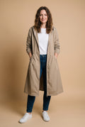 Women's Raincoat Long Elegant in Beige — studio front