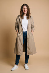 Women's Raincoat Long Elegant in Beige — studio front