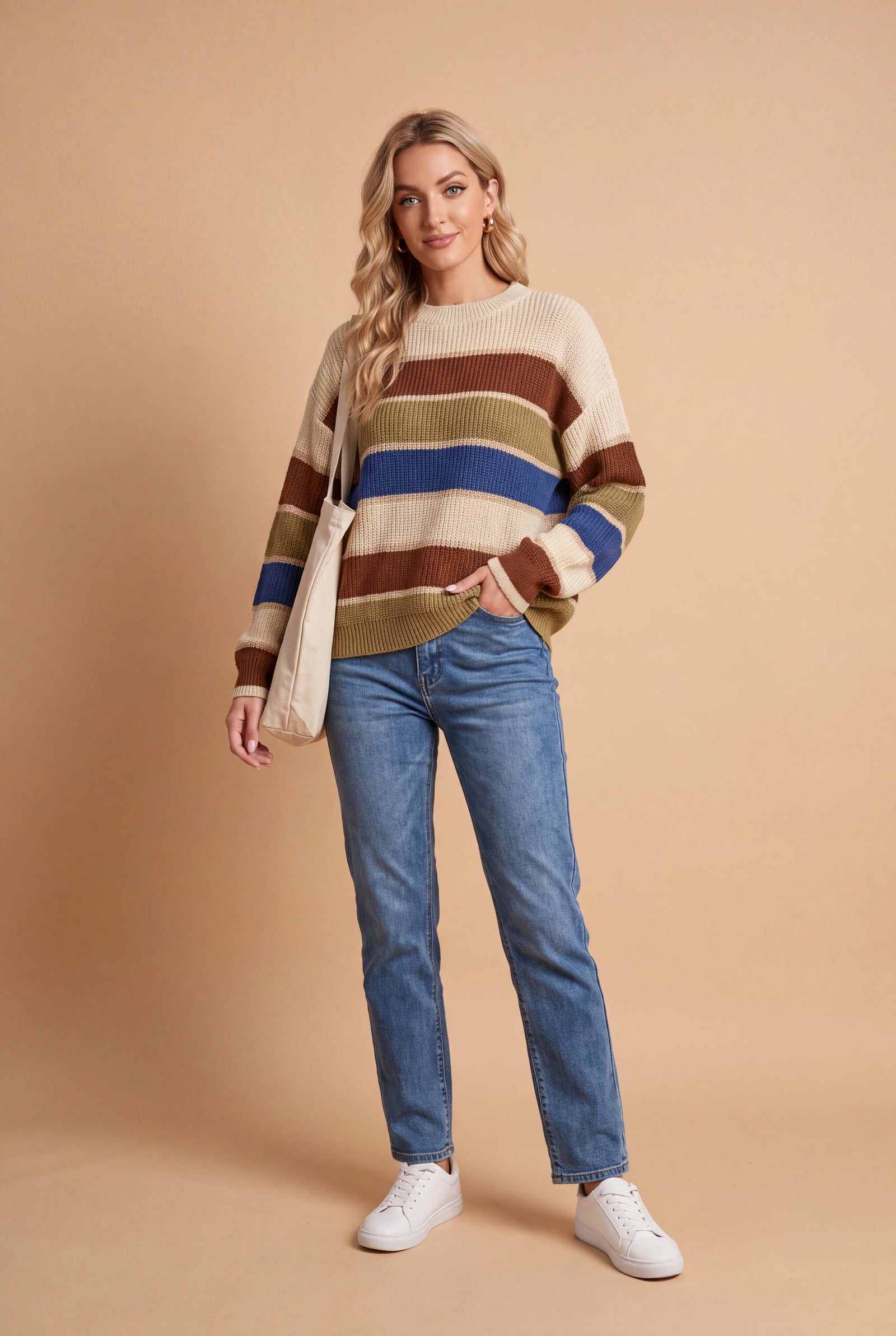 Women's Sweater Striped Relaxed Fit in Beige — studio shot