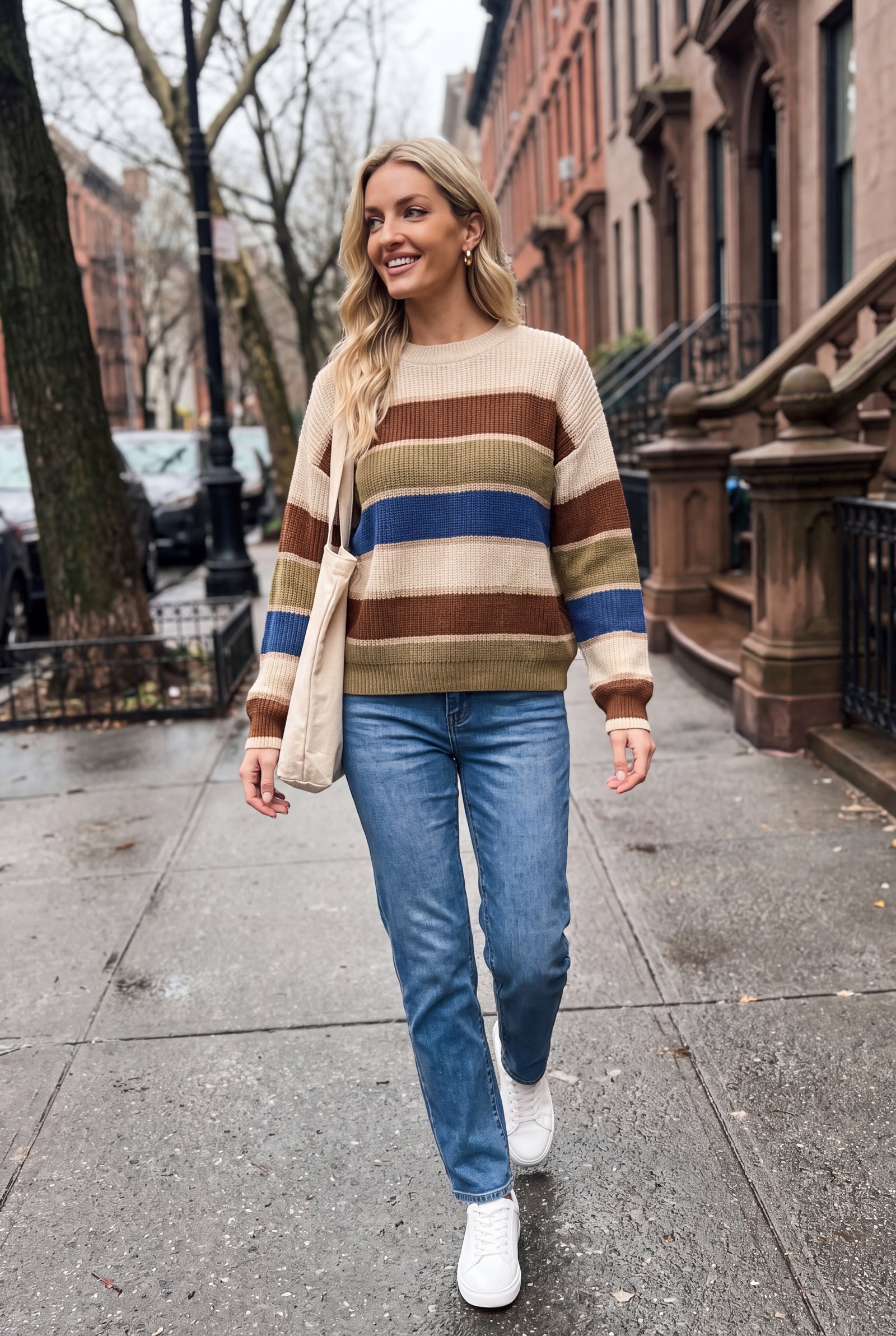 Women's Sweater Striped Relaxed Fit in Beige — ugc shot