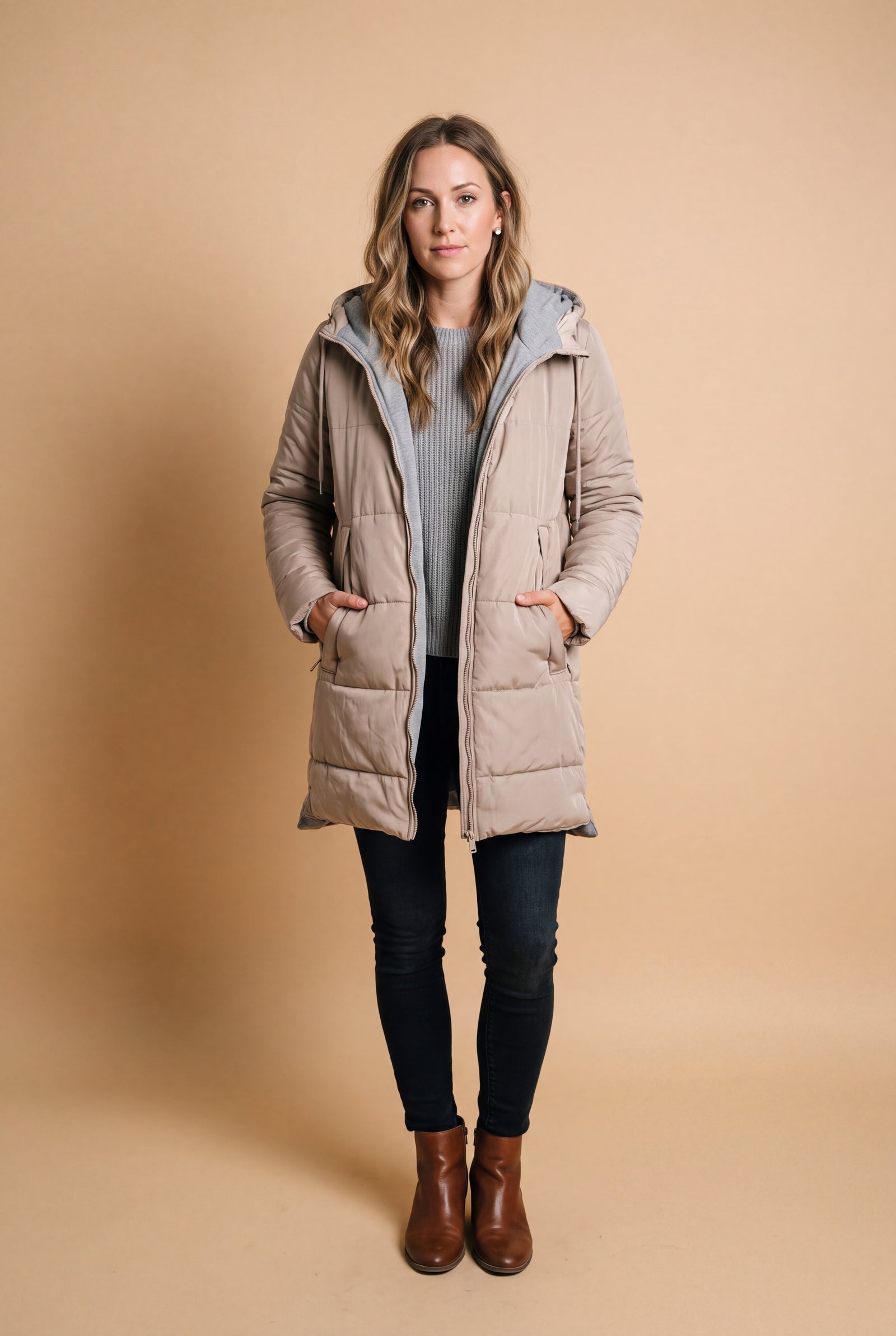 Women's Winter Coat Adjustable Hood in Beige — primary studio