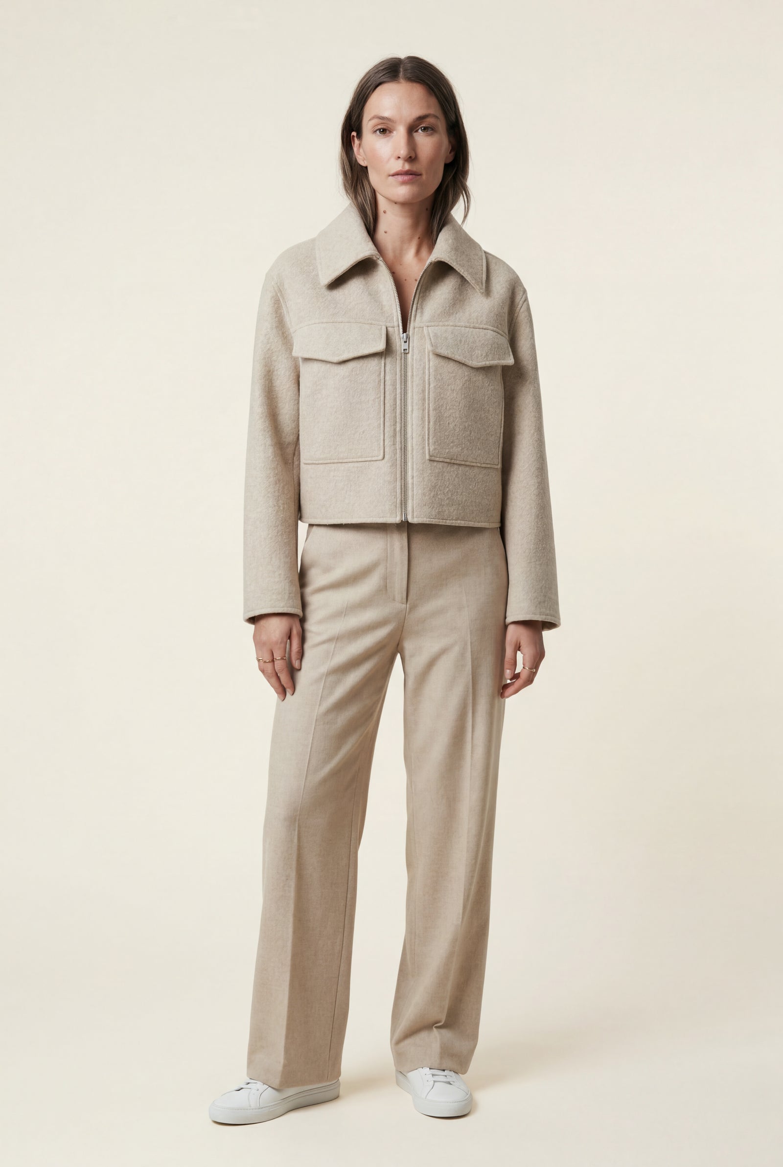 Beige Women's Boxy Cropped Zip Up Jacket with Flap Pockets - Photo 4