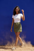 Dark Green Women's Cargo Pocket A-Line Mini Skirt with Flap Details - Cargo mini skirt - Photo 15