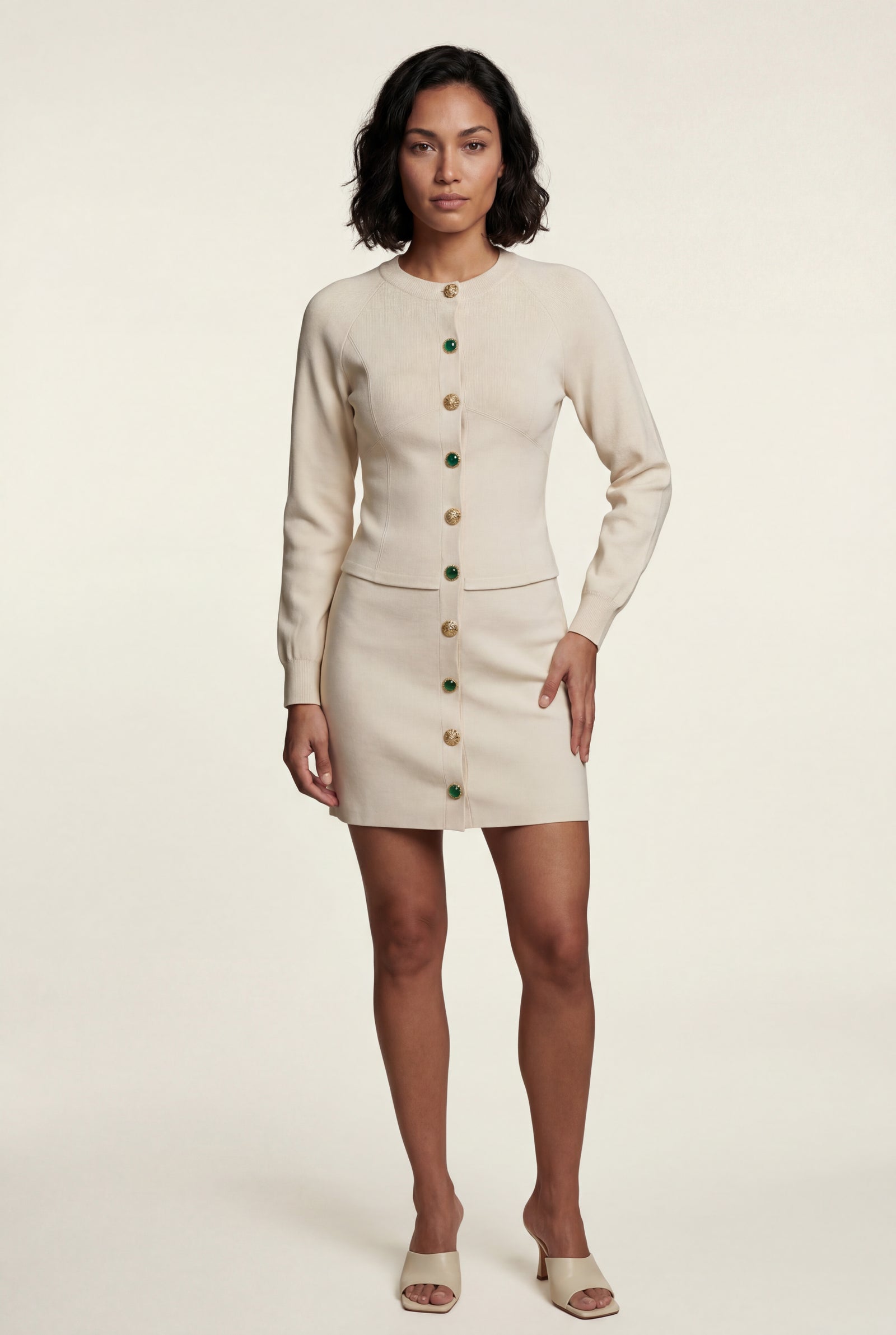 Beige Women's Tailored Button-Front Cardigan and Skirt Set - Cardigan skirt set - Photo 5