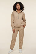 Beige Women's Warm Beige Relaxed Half-Zip Sweatshirt and Jogger Set - Loungewear set - Photo 1